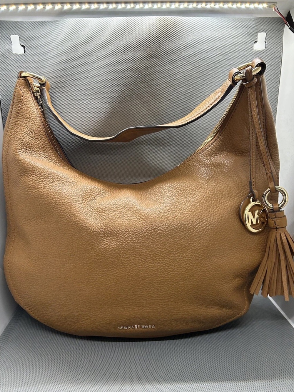 MICHAEL KORS Lidia Large Tan Pebbled Leather Hobo with Tassel Charm